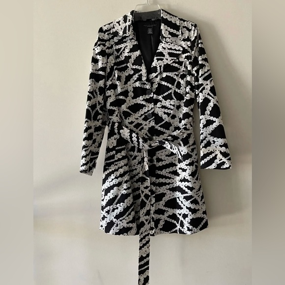 Women Midi Belted Black and White Trench Coat Jacket Blazer - Picture 3 of 14